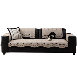 Minimalist chenille sofa cover set with anti-slip heart pattern in oatmeal and black color