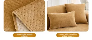Detail of camel milk fleece sofa cover with corn grain texture and matching piping edge