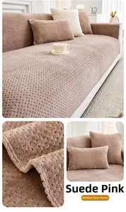 Close-up of dusty pink milk velvet sofa cover with non-slip texture and matching pillows