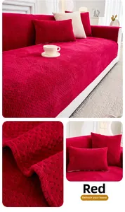 Macro detail of red milk velvet sofa cover with textured non-slip thick fabric texture