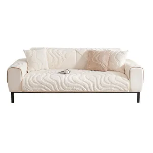 Creamy white textured fleece sofa cover set with wave pattern and non-slip backing