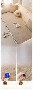 Close-up of beige quilted chenille sofa cover with non-toxic and skin-friendly texture