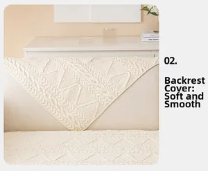 Nahaufnahme der cremeweißen gesteppten Baumwoll-Sofa-Rückenlehne mit elegantem Zopfmuster