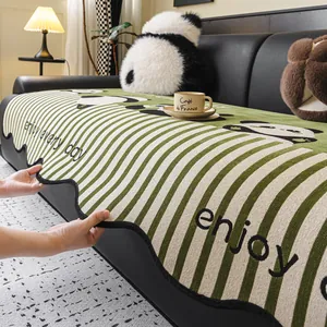 Copridivano in Ciniglia a Righe Con Panda Carino Antiscivolo Quattro Stagioni Universale Protezione Divano Decorazione Casa
