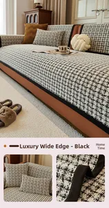 Vue détaillée du coussin de canapé en chenille pied-de-poule avec bordure noire large