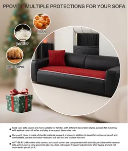 Detail showing red jacquard chenille sofa cover with anti-slip backing on leather couch