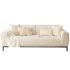 Moderne cremefarbene Baumwoll-Sofaauflage mit Strickmuster und Kissen-Set