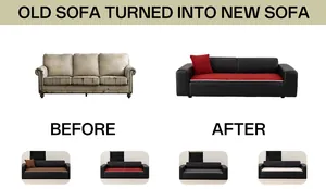 Detail view of wave-textured sofa covers in multiple colors showing before and after comparison
