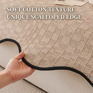 Thickened chenille sofa cover with wavy black edges and checkered texture pattern