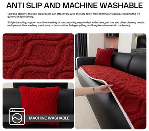 Detailed view of red plush sofa cover texture and white anti-slip backing with pillows