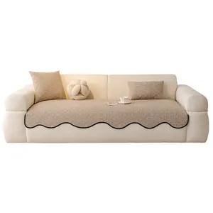 Thick chenille sofa cover set with wave edge design and matching textured pillows