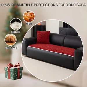 Red velvet non-slip sofa cover set with embossed knit pattern for pet and stain protection