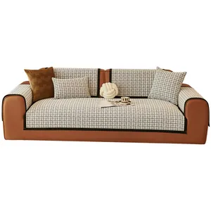 Housse de canapé épaisse en chenille avec motif pied-de-poule et coussins assortis