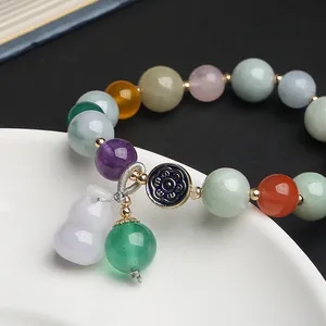 Multicolor gemstone bead bracelet with purple gourd pendant and blue enamel accent