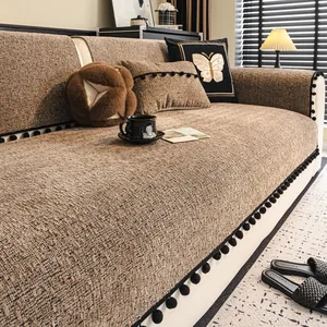 Modern Chenille Sofa Cushion Cover Non-slip Thickened Furniture Protector With Ball Fringe For Living Room Home Decor