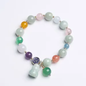 Natural Multicolor Gemstone Beaded Bracelet With Grade A Emerald Gourd 14K Gold Filled Enamel Flower For Women Jewelry