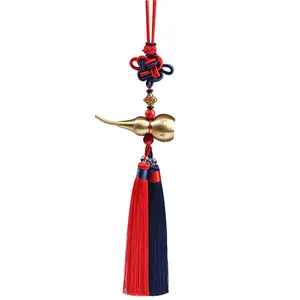 Traditional Chinese brass gourd car hanging with knot, beads and red blue tassels