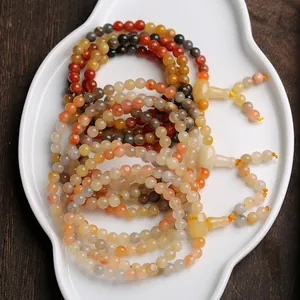 Authentic multi-color 108 beads jade stone bracelet with vintage tassel in ceramic plate