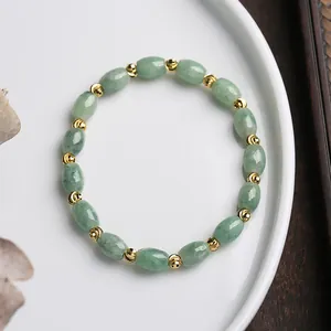 Natural Jadeite Rice Bead Bracelet Gold Filled Beads Ethnic Vintage Handcrafted Gemstone Jewelry Women Gift