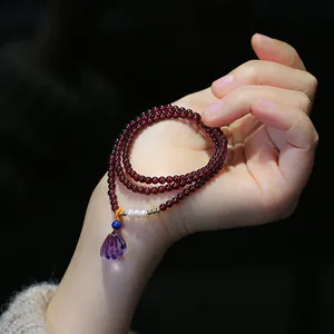 Natural Garnet Amethyst Shell Three-Strand Beaded Bracelet For Women Ethnic Style Handmade Freshwater Pearl 14K Gold Filled Jewelry