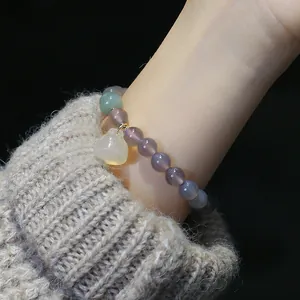 Bracelet en Agate Grise Naturelle Avec Pendentif Lotus en Calcédoine Jade Néphrite Cuivre Plaqué Or Bijoux Style Chinois Vintage Femme