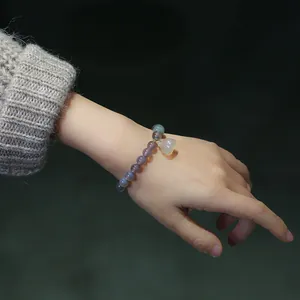 Bracelet rétro en perles d'agate avec pendentif lotus et pierres de jade pour femmes