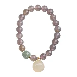 Bracelet en agate grise avec pendentif lotus et charme en jade Hetian style chinois