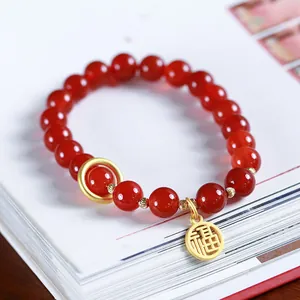 Natural Red Agate Beaded Bracelet For Women Vintage Gold Plated Alloy Fu Charm Lotus Lantern Pendant Chinese Ethnic Jewelry