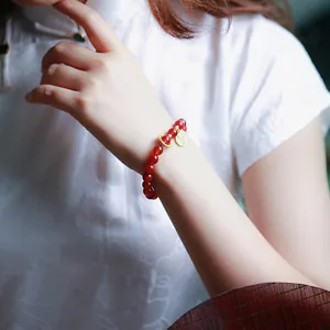 Red agate bead bracelet with 8mm stones and gold Fu character lucky charm for women