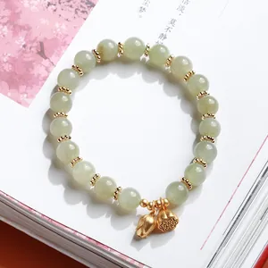 Natural Hetian Jade Beaded Bracelet With 925 Sterling Silver Gold Plated Lotus Pendant Vintage Ethnic Jewelry For Women