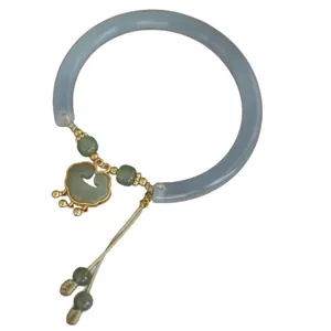 Natural white chalcedony Ruyi lock bangle with green jade pendant in vintage style