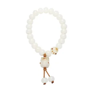 Cat paw white jade bodhi bead bracelet with lucky cat charm and hand-woven brown rope