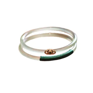 New Chinese style chalcedony bangle with green zircon Ruyi charm and thread wrapping