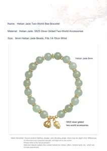 Detail of 8mm Hetian jade bead bracelet with S925 silver lotus pendants for 14-16cm wrists