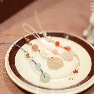 Natural chalcedony agate hand beads phone charms with lotus and safety buckle pendants