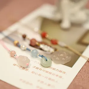 Handmade chalcedony agate beaded phone charms with rabbit and ping'an buckle accents