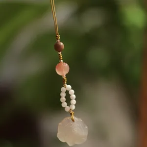 Natural agate lotus pendant phone charm with green beads and yellow woven strap