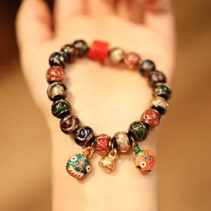 Handmade Glaze Beaded Bracelet Vintage Ethnic Style Multicolor Beads Gold Plated Copper Bell Charm Lucky Bracelet For Women Jewelry