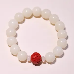 Natural 12mm white jade bodhi bracelet with red cinnabar piyao bead for meditation
