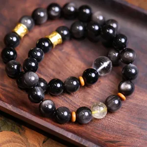 Pulsera de Obsidiana Plateada Natural Cuarzo Rutilado Dorado Cristal Blanco Pulsera de Cuentas Amuleto de Mantra Chapado en Oro Unisex