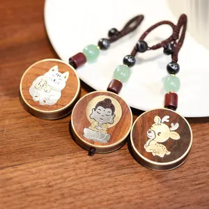 Portachiavi in Legno Intrecciato a Mano Intarsio in Metallo Buddha Gatto Cervo Palissandro Ebano Avventurina Perlina Borsa Pendente