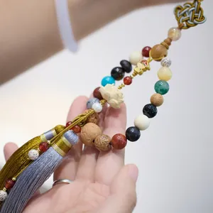 Handheld Buddhist multi-material prayer beads with gradient tassel and lotus charm