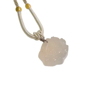 Natural white chalcedony lotus pendant necklace with beige woven rope for women