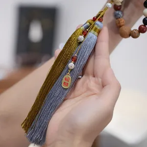 Lucky charm tassel pendant with dual-tone silk fringe and wooden beads for car or home