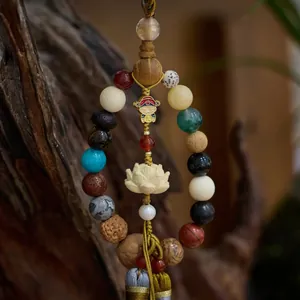 Traditional Eighteen Seeds Buddha beads car hanging ornament with a gold god pendant