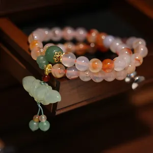 Natürliches Rotes Moosachat Perlenarmband Für Damen Jade Lotus Anhänger Dual-Use Halskette Vintage Chinesischen Stil Schmuck