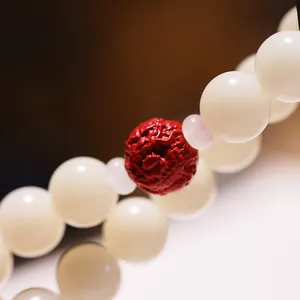 Handcrafted 12mm white jade bodhi bracelet with cinnabar pixiu carving bead for men and women