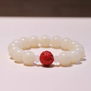 12mm white jade bodhi seed bracelet with red cinnabar charm and zen style beads