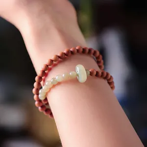 Double-layer sandalwood and jade bead bracelet with round green jade ring pendant