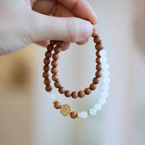 6mm natural Hetian white jade and sandalwood double-layer bracelet with silver filigree cloud